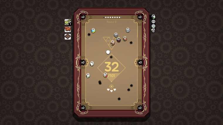 An Ultrapool table crowded with balls and score pop-ups after a large shot